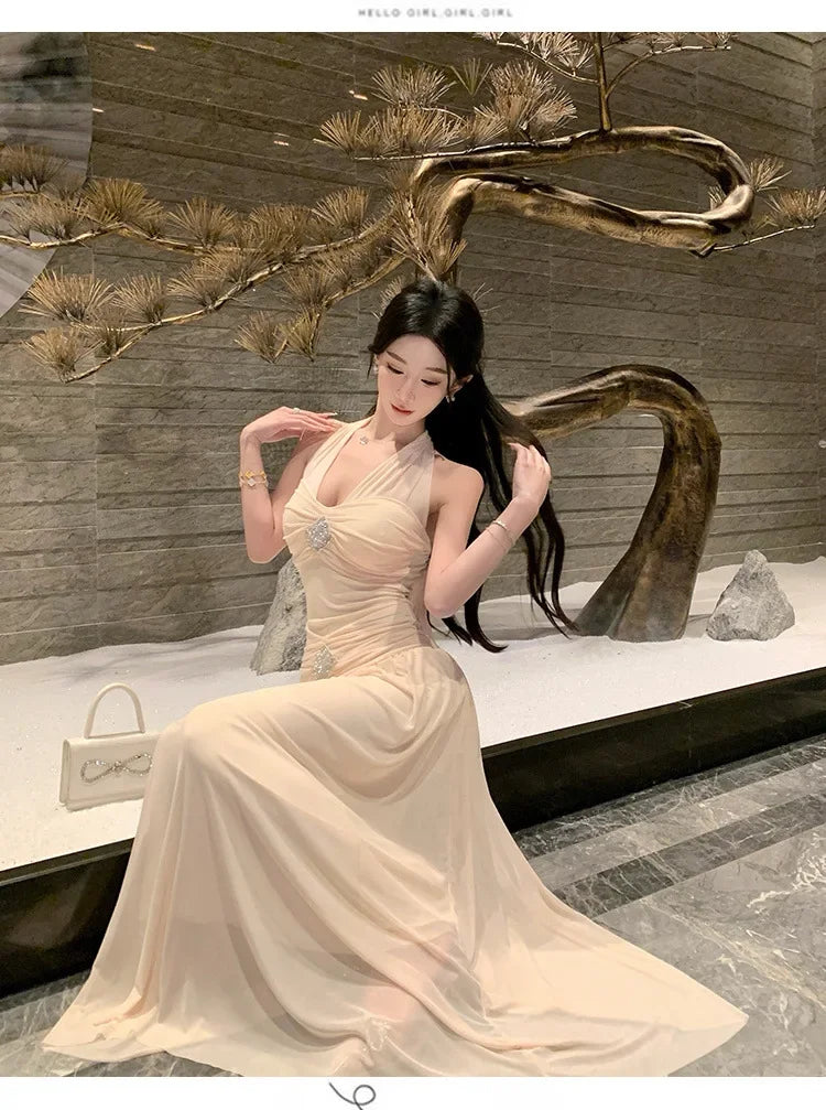 Cyflymder  French Style V-Neck Hanging Neck Slimming Long Dress Sexy Pure Desire Beach Vacation Dress Elegant Waist-Cut Gown