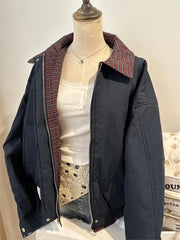 Cyflymder  Vintage Internal Red Plaid Zipper Flight Jacket Women Autumn Cotton Warm Thick Stand Collar Jackets Chic Simple Loose Tops Y2K