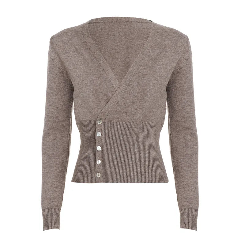 Cyflymder  Temperament Cross V Neck Long Sleeve Double Breasted Sweater Y2k French Solid Simple Autumn Basic Clothes Lazy American Cardigan