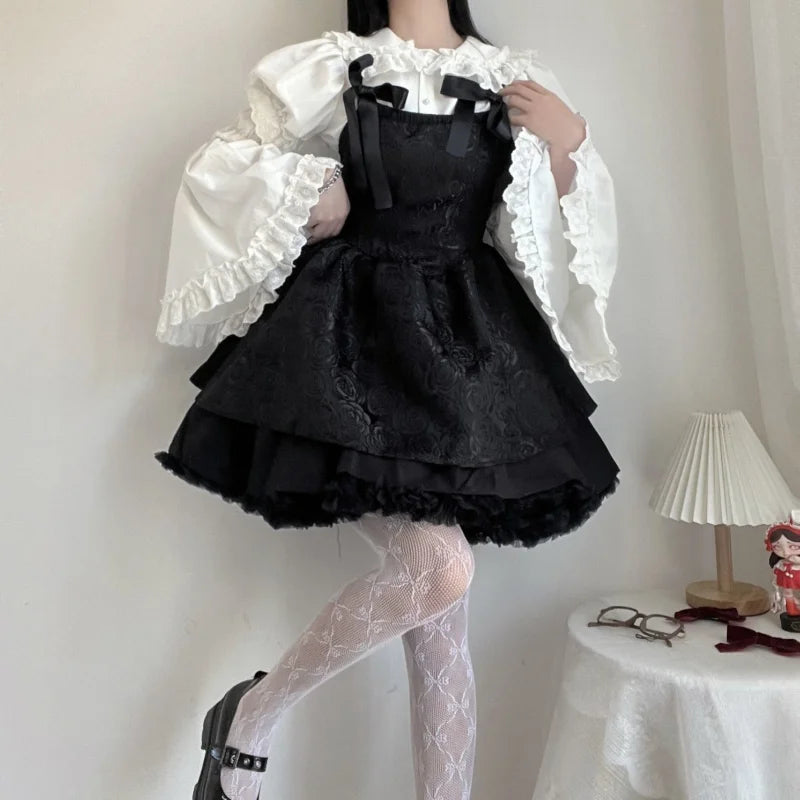 Cyflymder New Removable Flare Sleeves Shirts White Ruffle Women Gothic Fairy Aesthetic Doll Collar Tops Y2K Harajuku Lolita Blouses