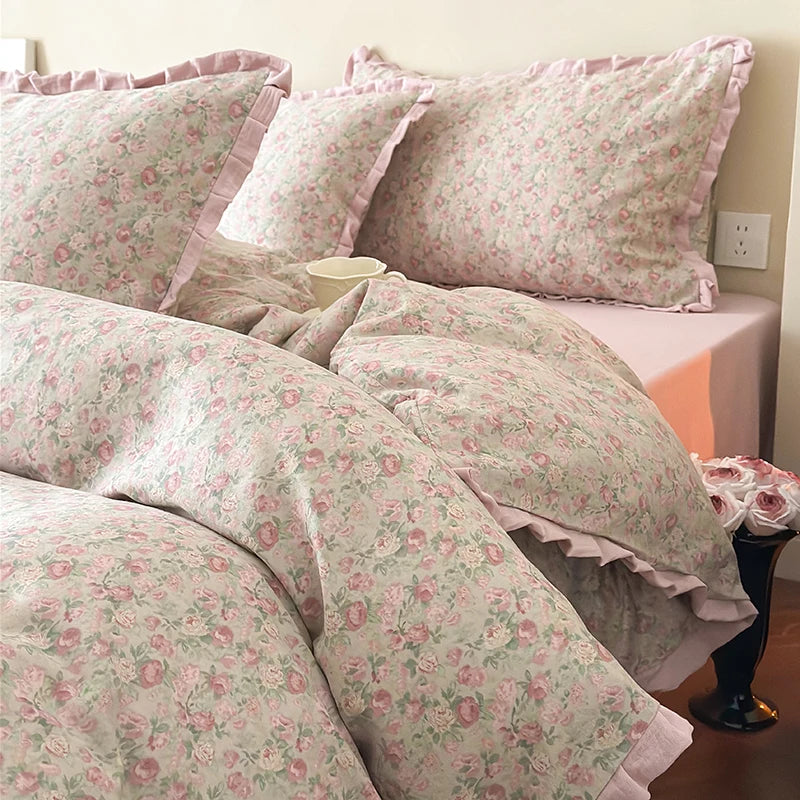 Cyflymder  Korean Princess Floral Ruffles 100% Cotton Double Layer Yarn Soft Bedding Set Single Queen King Duvet Cover Bed Sheet Pillowcase