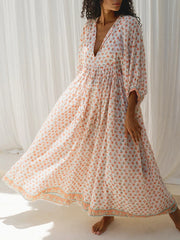 Cyflymder  Elegant Maxi Dress with 3 4 Sleeves V Neckline and Floral Print - Stylish Loose Fit Summer Dress for Casual Wear