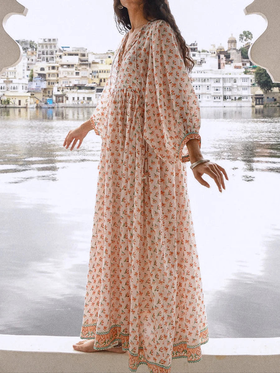 Cyflymder  Elegant Maxi Dress with 3 4 Sleeves V Neckline and Floral Print - Stylish Loose Fit Summer Dress for Casual Wear