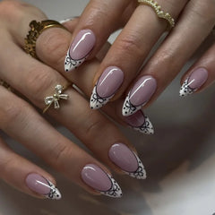 Cyflymder  24Pcs French White Lace Nails Set Press on Bow Flower Pearl Full Cover Fake Nails Tips Mid-length Almond Detachable False Nails