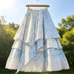 Cyflymder  Vintage Flower Print Women Skirt Sweet Daily Elastic Waist Irregular Multi-Layer Office Work A-line Skirts All Match 286B