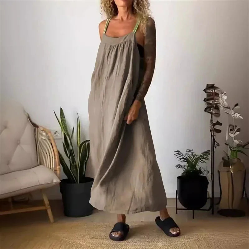 Cyflymder  Women Cotton Linen Solid Color Dresses Side Pocket Backless Suspenders Dress Female Daily Comfortable Casual Commuter Gown