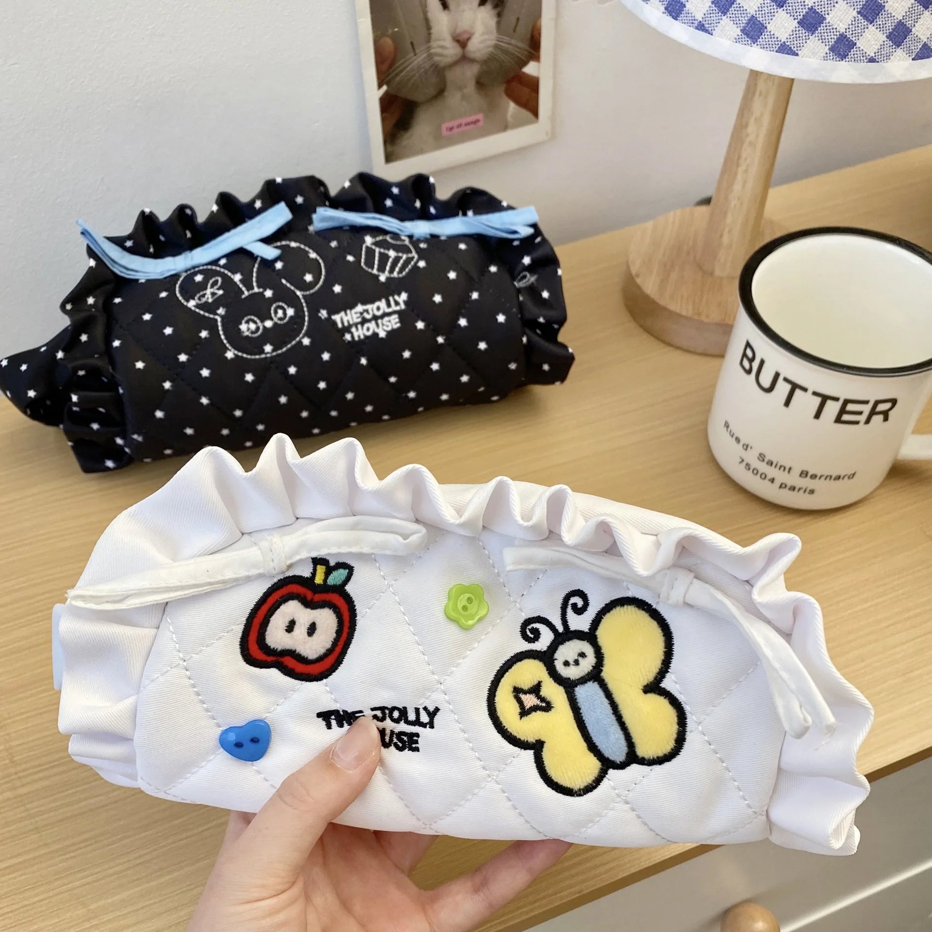 Cyflymder  Korean Fashion Ruffle Pencil Case for Kids Girl Sweet Cartoon Bunny Kitten Stationery Organizer Kawaii Pen Pouch Back To School