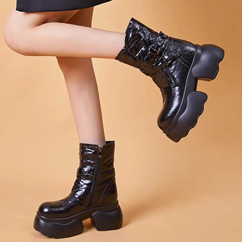 Cyflymder Chunky Heel Women's Pu Leather Ankle Boots Double Buckle Platform Side Zipper Short Boots Winter New Goth Metal Punk Shoes Botas