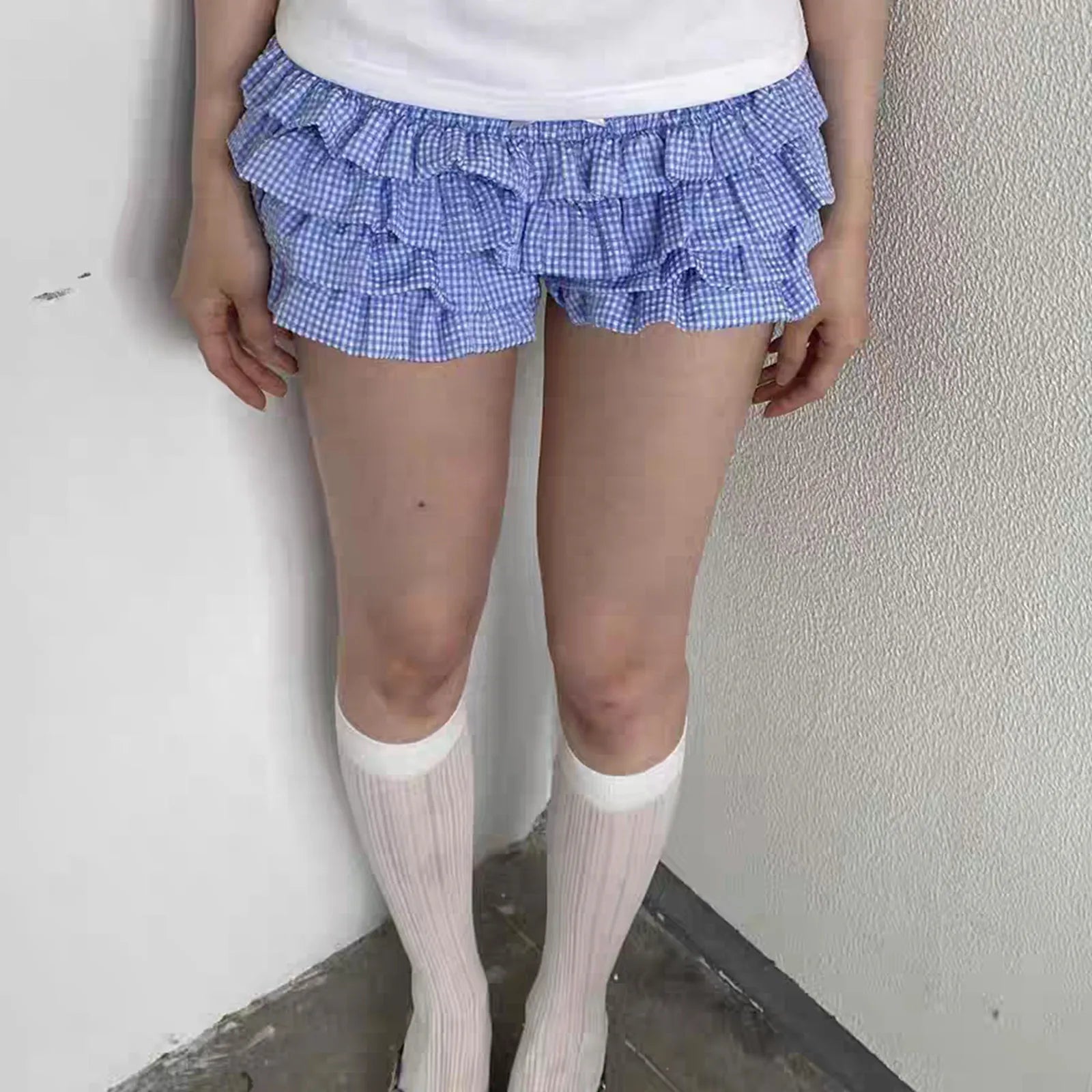 Cyflymder  Designer Ruffles Blue Plaid Shorts Women Summer Designer Low Rise Bloomers Micro Cute Shorts Fashion Y2K Bottoms