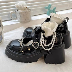 Cyflymder Sweet Heart-Shaped Buckle Lolita Shoes Women Patent Leather Platform Mary Janes Woman Metal Decoration Chunky Heels Pumps