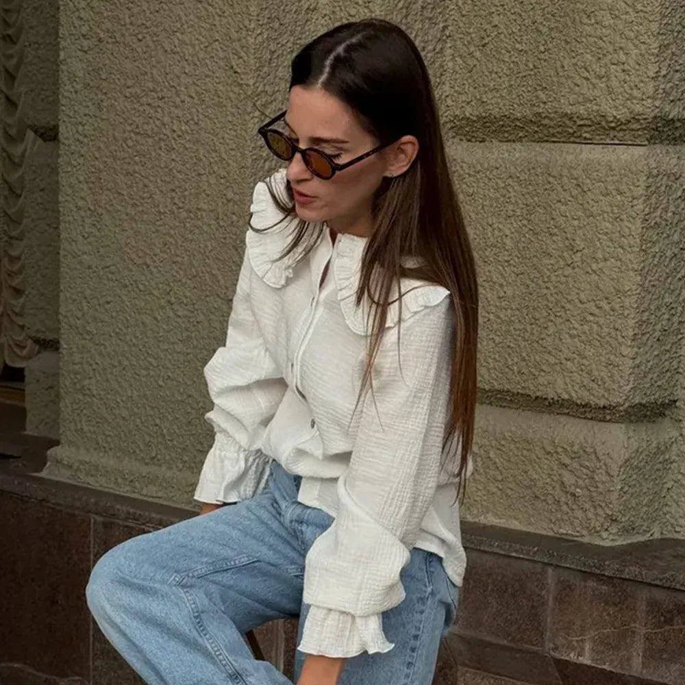 Cyflymder  Cotton Spliced Ruffled White Shirts for Women Peter Pan Collar Lantern Sleeve Patchwork Buttons Shirt Autumn Style