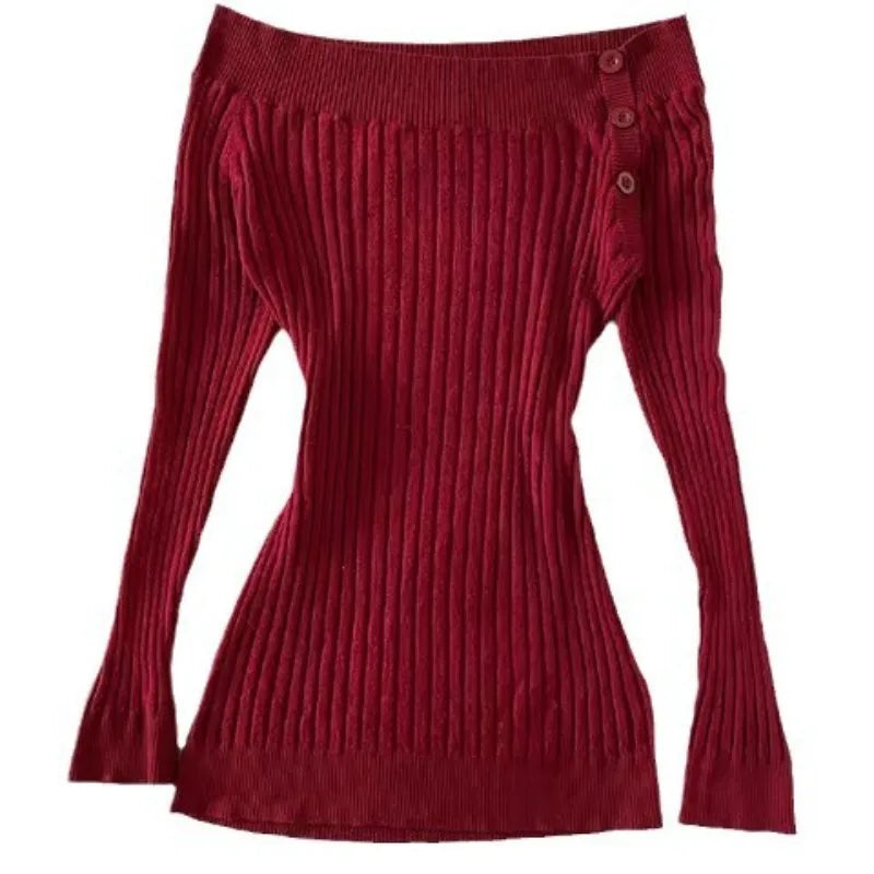 Cyflymder  Fashion American Vintage Slash Neck Knitted Sweaters Y2k Solid Simple French Streetwear Pullover Casual Autumn Women Clothes