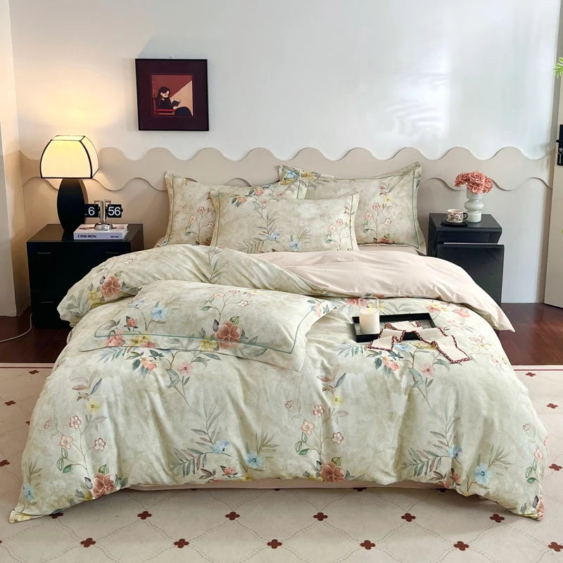Cyflymder  100% Cotton Flowers Print Luxury Bedding Set Single Double Queen King Size Duvet Cover Flat/Fitted Bed Sheet Pillowcases 3/4Pcs