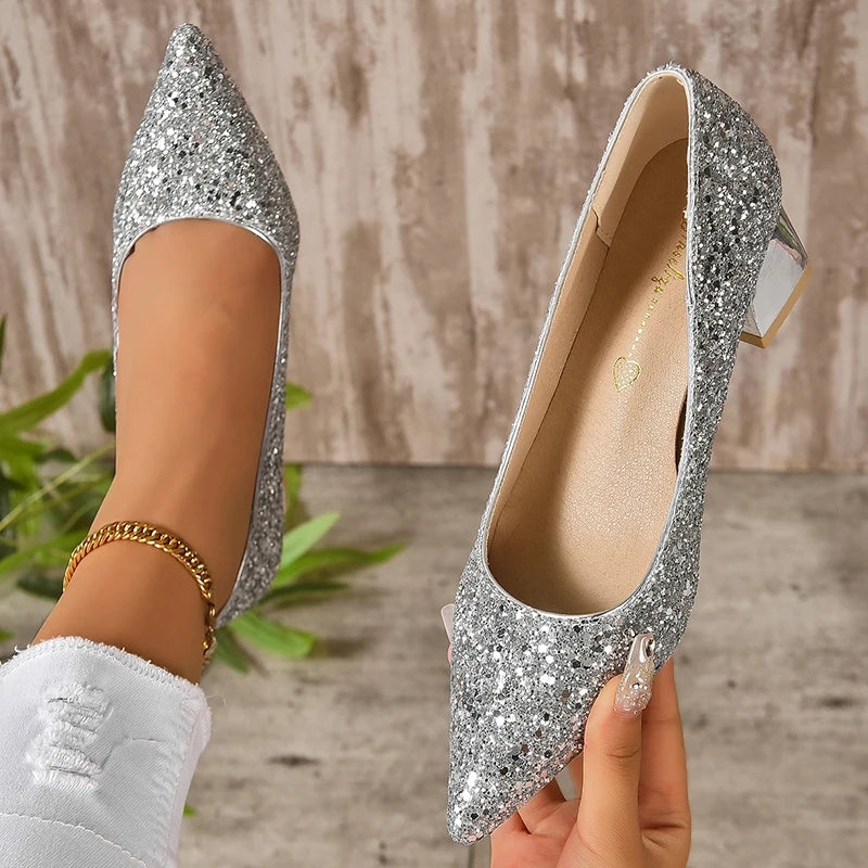 Cyflymder Silver Glitter Thick Heels Pumps Women Luxury Pointed Toe Party Wedding Shoes Woman Plus Size 42 Shallow High Heels Pumps Ladies