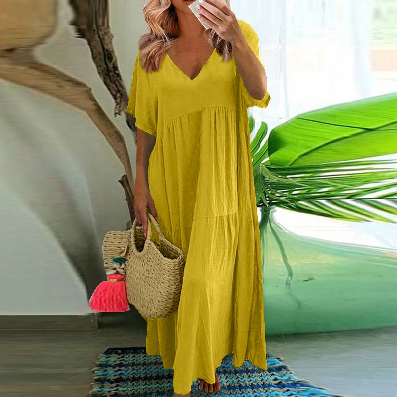 Cyflymder  Casual Summer V-Neck Short Sleeve Pleated Solid Color Casual Midi Dress Hem Loose Dress Loose Large Swing Short-sleeved Dress