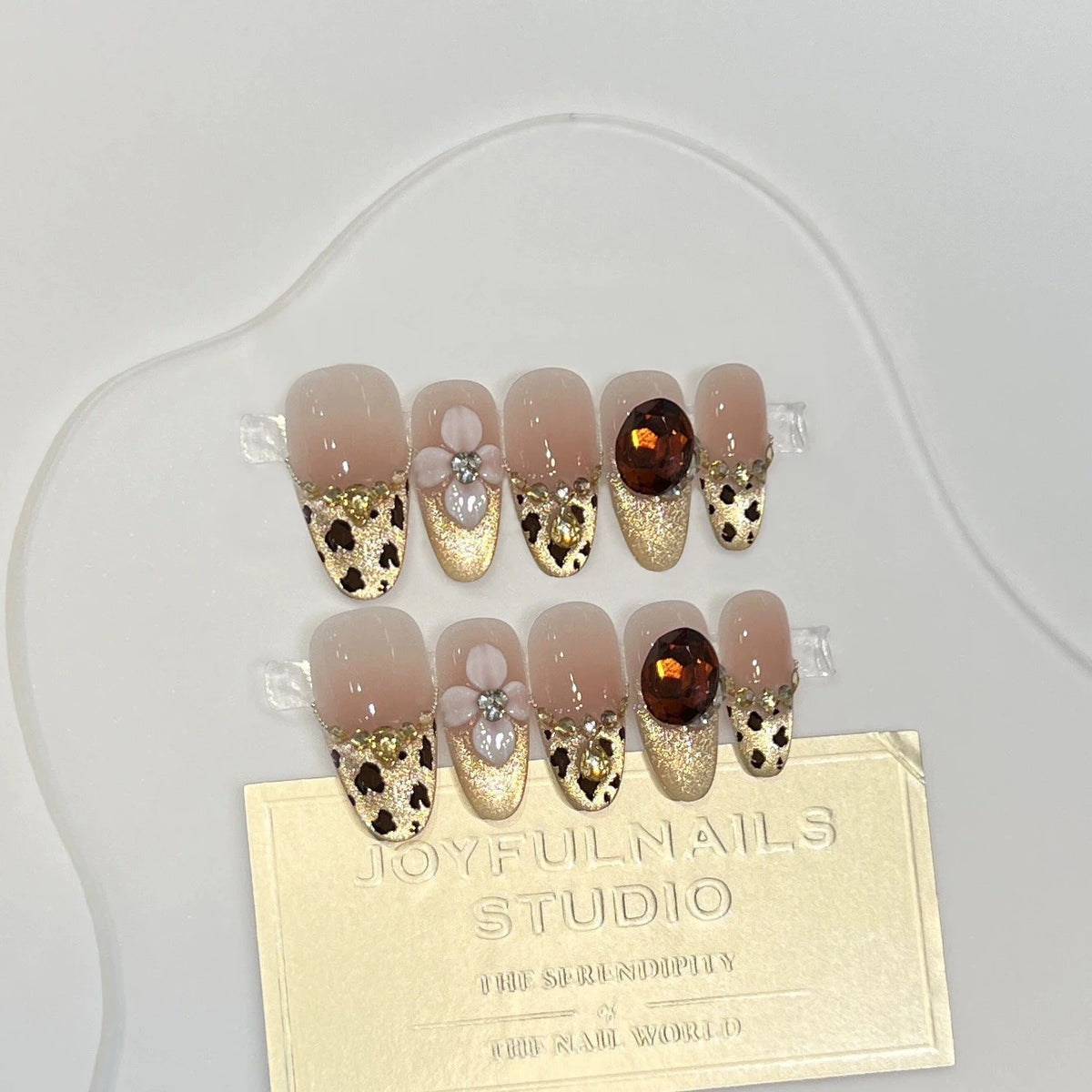 Cyflymder  10pcs Blush Nude Fake Nails Pink 3D Sculpture Flower Heart Rhinestone Leopard Cat‑Eye French Press on Nail Sweet Almond Nail Art