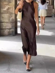 Cyflymder   Women's Elegant Satin Sleeveless Midi Dress Fashion Solid Color O Neck Slim Fit Dresses Female Stylish Street Party Vestido