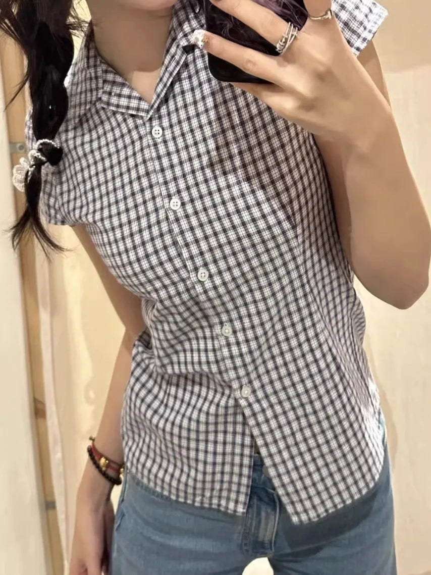 Cyflymder  Slim Fit American Retro irt for Women with  Collar ort Sve Purple Plaid Waist-Cinching Casual Sle Korean Faion