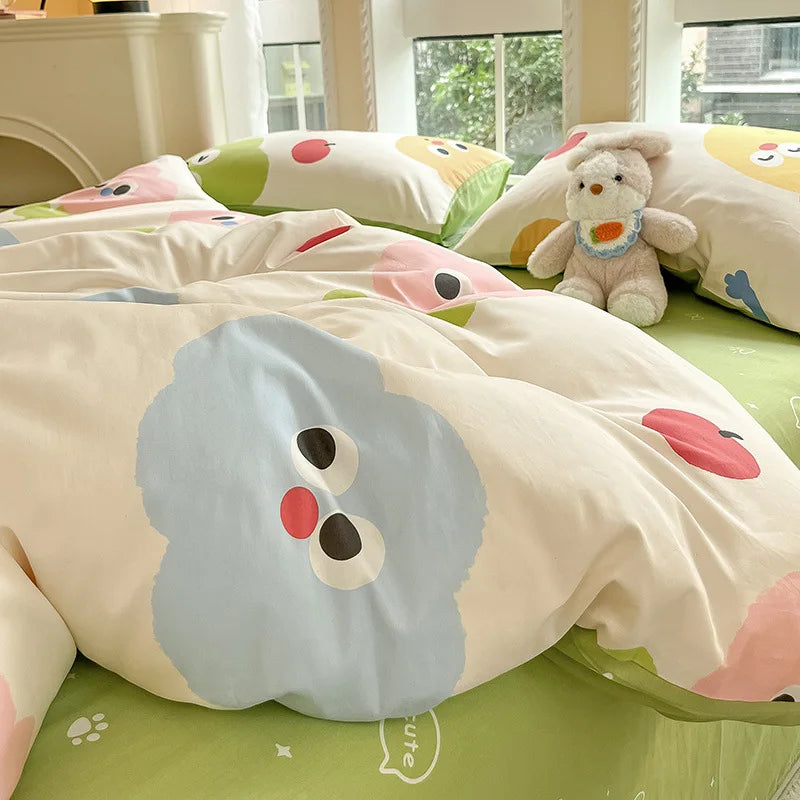 Cyflymder New Pure Cotton Bedding Set with Fitted Sheet Duvet Cover Pillowcase Simple Printed Grid Comfortable Bedclothes Single Double