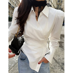 Cyflymder  Women Elegant White Shirt Fashion Long Sleeve Blouse Irregular Office Top with Chic Buttons Slim Fit Ladies Casual Tops