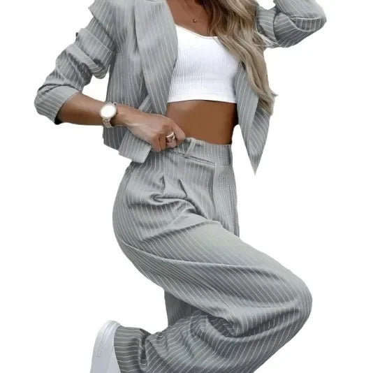 Cyflymder  Elegant Casual Striped Cropped Lapel Suit Straight-Leg Pants Women's Clothing European American Foreign Trade
