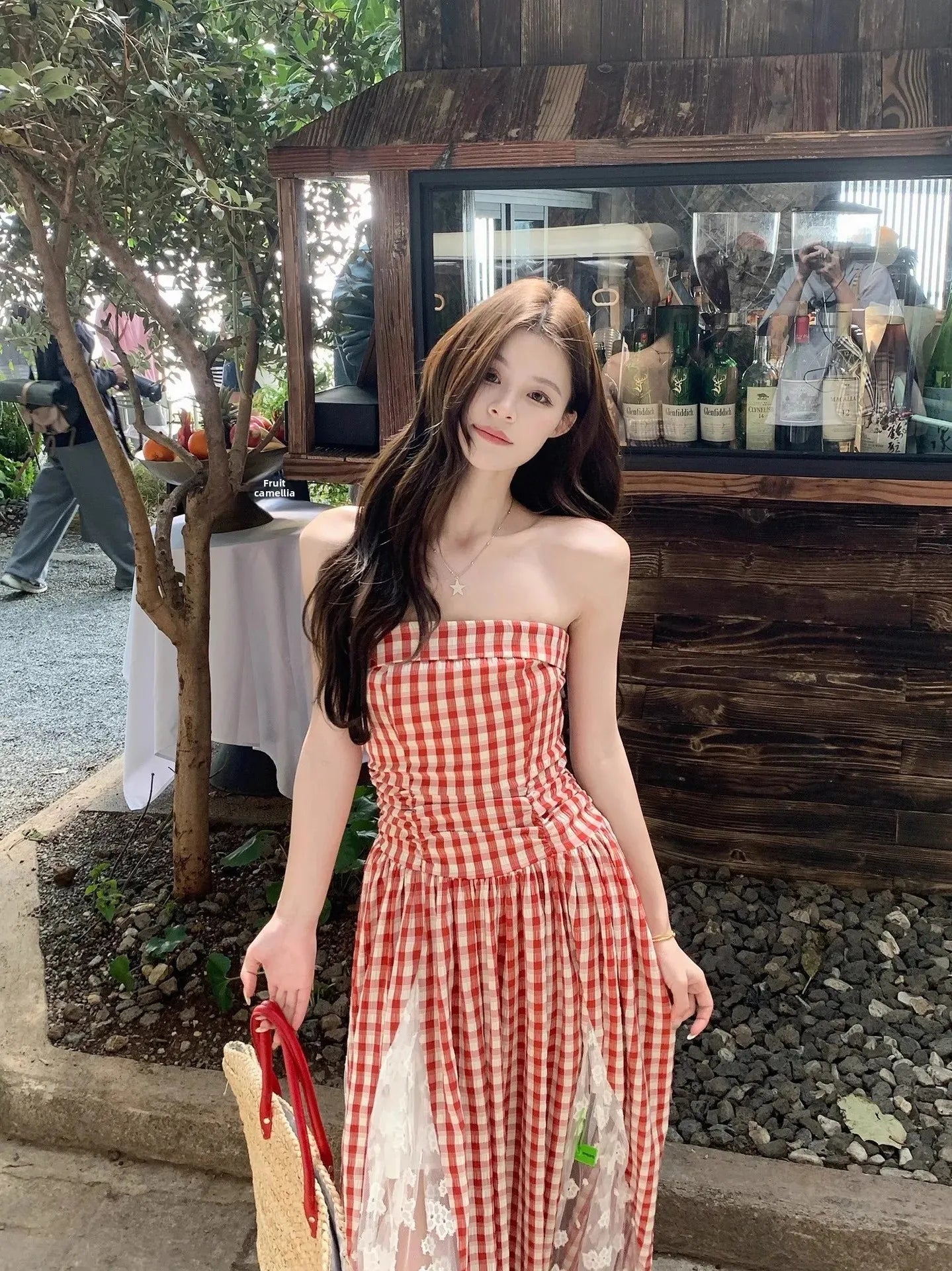Cyflymder  Korean Style Blue Plaid Lace Halter Dress Women Summer 2025 Sweet Beach Vacation Maxi Skirt Long Dress One Shoulder Sleeveless