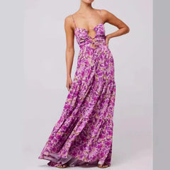 Cyflymder  Boho Beach Strap Dress For Women Sexy Lace-Up Hollow Out Backless Sleeveless Robe Floral Printed Maxi Dresses Summer Vestidos