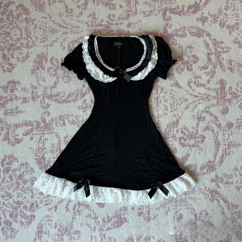 Cyflymder  French Elegant Sweet Constrast Color Lace O Neck Short Sleeve Dress Harajuku Y2k Slim Bow Appliques Short Dress Harajuku Clothes