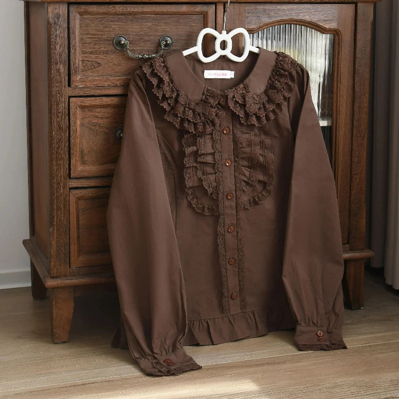 Cyflymder  Spring Autumn Sweet Long Sleeve Lolita Shirt Women Doll Collar Lace Ruffle Cute Shirt Girls Japanese Gothic Y2k Top Blusas Mujer