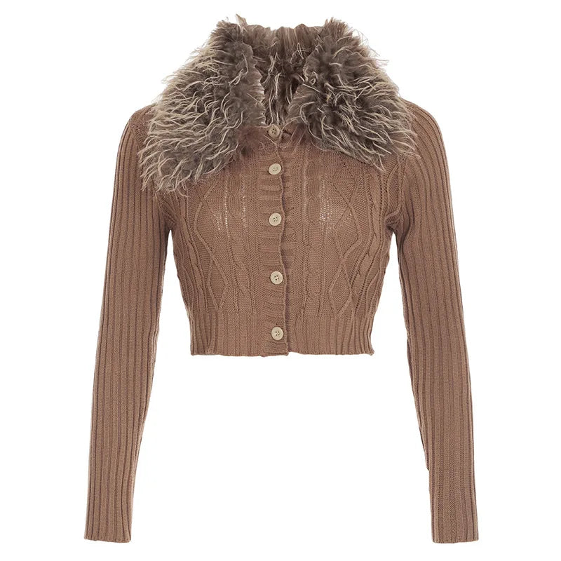 Cyflymder  Autumn Winter American Vintage Detachable Fuxr Fur Collar Top Y2k American Knitted Buttons Sweatters Harajuku Punk Women Jumpers