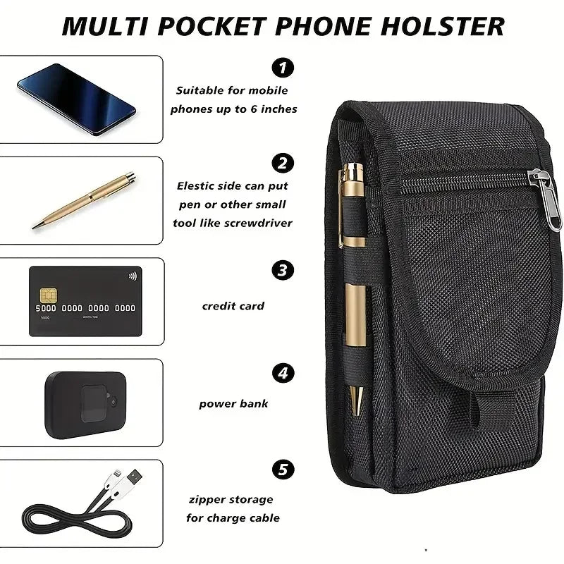 Cyflymder Flip Phone Bag with Three Compartments for Casual Pen Insertion and Waist Hanging Men's Belt Loop Pouch Large Capacity Wallet