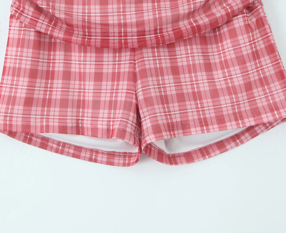 Cyflymder  2 pieces 1 set 2025 Sexy Mesh Plaid Contrast Color Elastic Strap Camisole Tank top + Ruched Low Waist Mini Shorts Skinny Suits