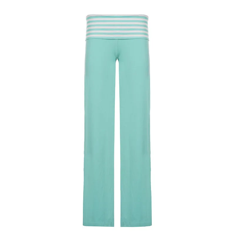 Cyflymder   Autumn Striped Print Patchwork Low Waist Turn Down Loose Casual Long Pants