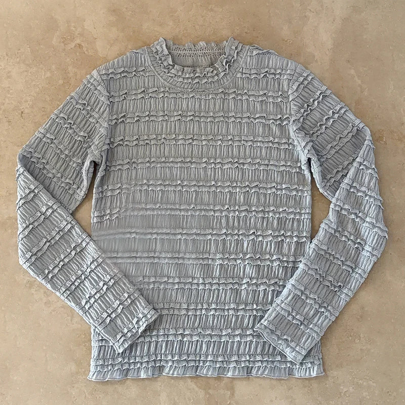 Cyflymder  Chic Fashion Lace Tops Tee Women Autumn O-Neck Long Sleeve Folds Bottoming T-shirt for Sweet Girls