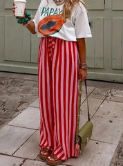Cyflymder  Ladies Pants Oversized Casual Striped Trousers Colorblocked Printed Straight Slacks Versatile Relaxed Elastic Bottoms