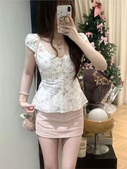 Cyflymder  Floral Ruffles Slim T-shirt Blouse Women Summer V-neck Single Breasted Elastic Band Puff Sleeve Shirts Sweet Cute Crop Tops New