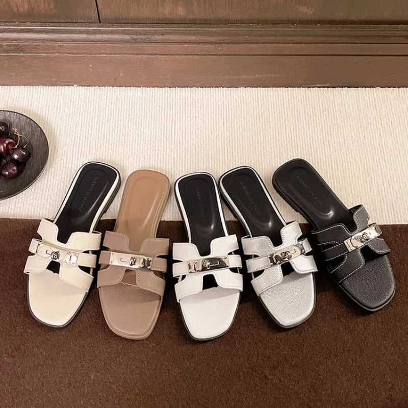 Cyflymder  Women's Flat Shoes Barefoot Outside Woman Pu Cross Belt Slippers Women Metal Decoration Sandals Summer Ladies Fashion Shoe