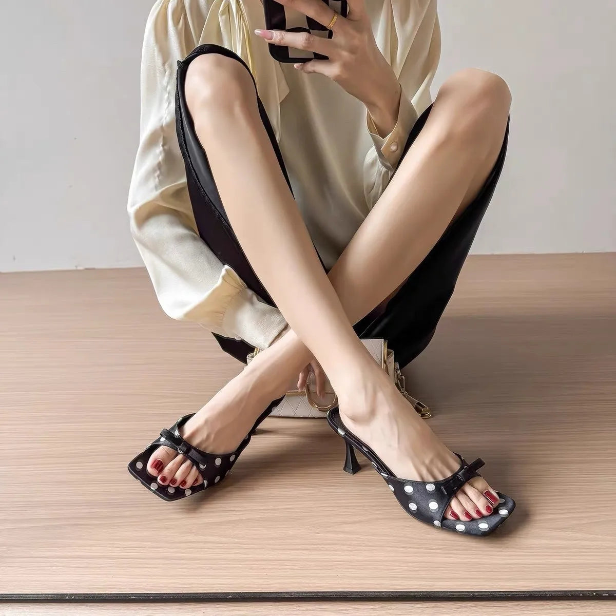 Cyflymder  Summer Bowknot Square Head Open Toe High Heel Women's Slippers Leather Prom Shoes Series Fine Heel Ladies Slippers 3467