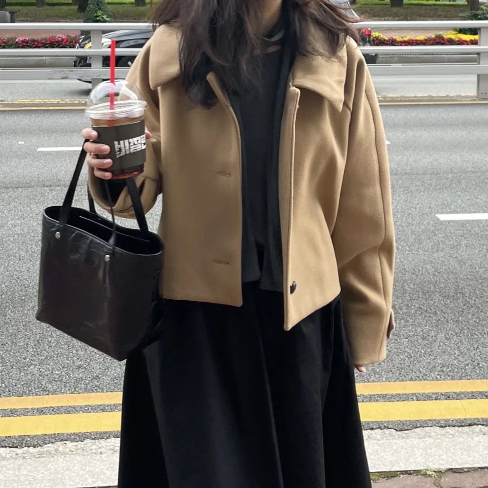 Cyflymder  Retro Chic Lapel Single Button Woolen Coat ort Loose Sle for Small Figures Women's Faionable Outerwear