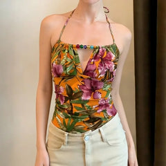 Cyflymder  Vintage Euramerican Temperament Halter Sleeveless Beach Style Tank Tosp Y2k Hollow Out Beading Flower Print Camisole Punk Tops