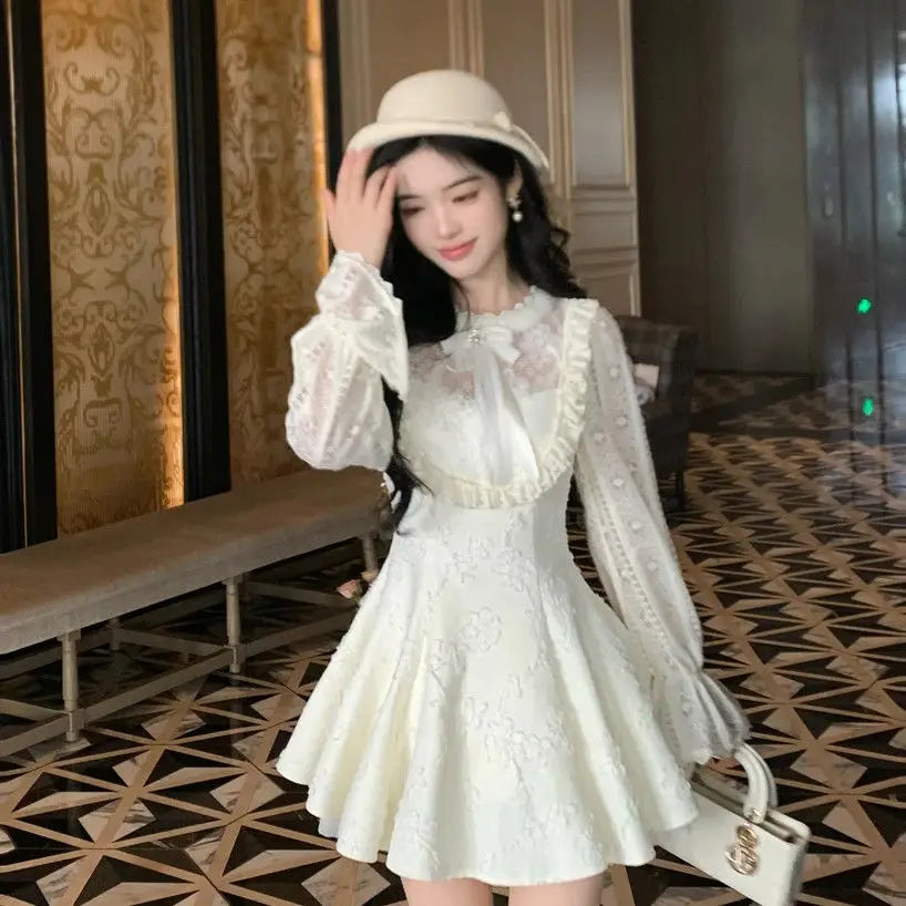 Cyflymder  Sweet SpicyStyle Boucle Dress Women Princess Lace Trim Midi Skirt Set Petite Waist Defined Mini Chic Elegant A Line Coordinates