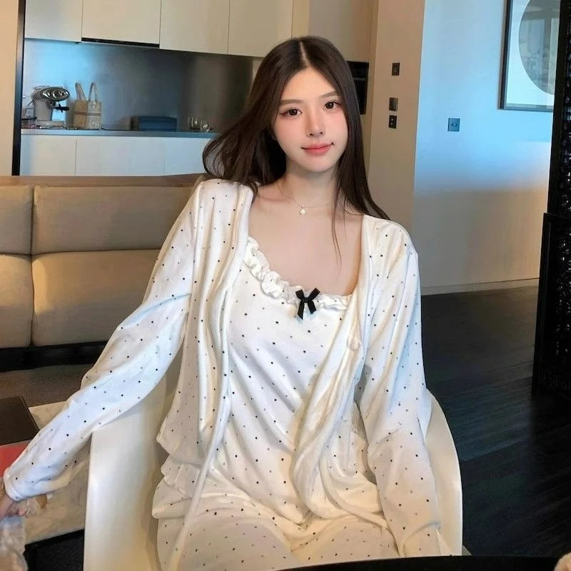Cyflymder  New Fashion Casual Loose Cardigan Long-sleeved Home Wear Can Be Worn Outside Polka Dot Pajama Women Three-piece Set Autumn