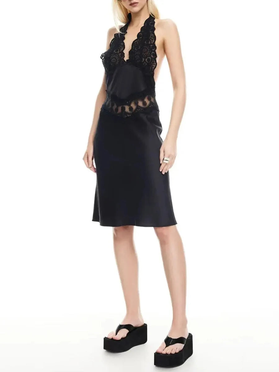 Cyflymder  Sexy Patchwoek Lace Sheer Dress for Women Halter Sleeveless High Waist Backless Bodycon Fashionable Dresses Female