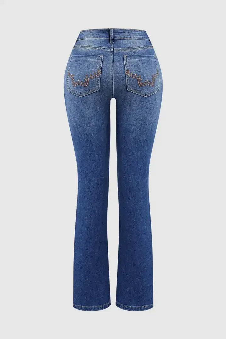 Cyflymder  Elegant Country Wear| Distressed High Waisted Flared Cowgirl Outfit -Printing with Golden Studs, Casual Vintage Jeans   T46
