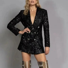 Cyflymder  New European-style Fashionable Lady's V-neck Formal Jacket with Double Button Fastening Black Sequin Trim Fitted Long Coat