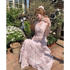 Cyflymder  French Lace V-neck Halter Neck Camisole Top High Waisted Cake Skirt Two-piece Set for Women