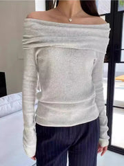 Cyflymder  Gray Simple Knitted Long Sleeve T-shirts Women Autumn Soft Cotton Sexy Slash Neck Slim Tees Sweet Streetwear Sweet Tshirts Y2K