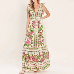 Cyflymder  Sexy V-neck Women Vacation Long Dress Summer Casual Sleeveless Hight Waist Party Dress Elegant Print Draped Bow Maxi Dress