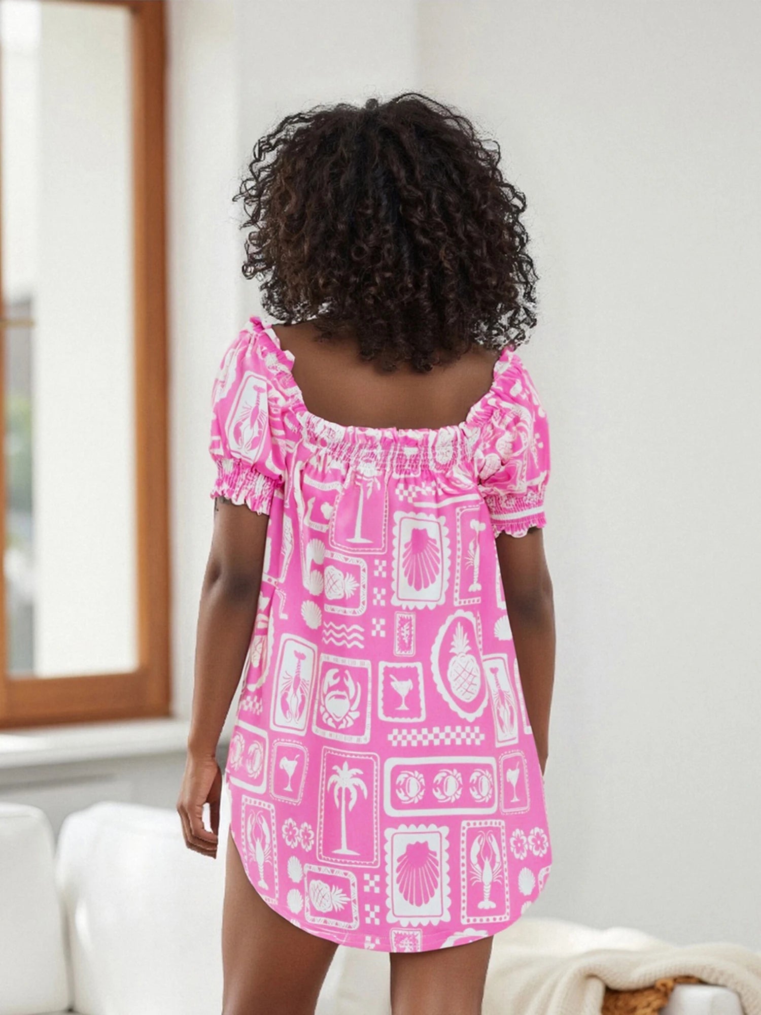 Cyflymder  Square Neck Short Sleeve A-line Mini Dress with Pattern Print Women s Summer Beach Dress in Floral Design