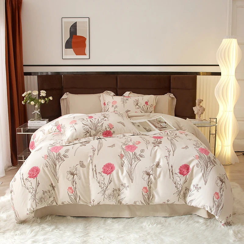 Cyflymder  100% Cotton Flowers Print Luxury Bedding Set Single Double Queen King Size Duvet Cover Flat/Fitted Bed Sheet Pillowcases 3/4Pcs